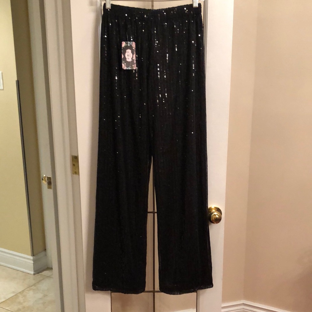 Black Sequin Wide-Leg Pants